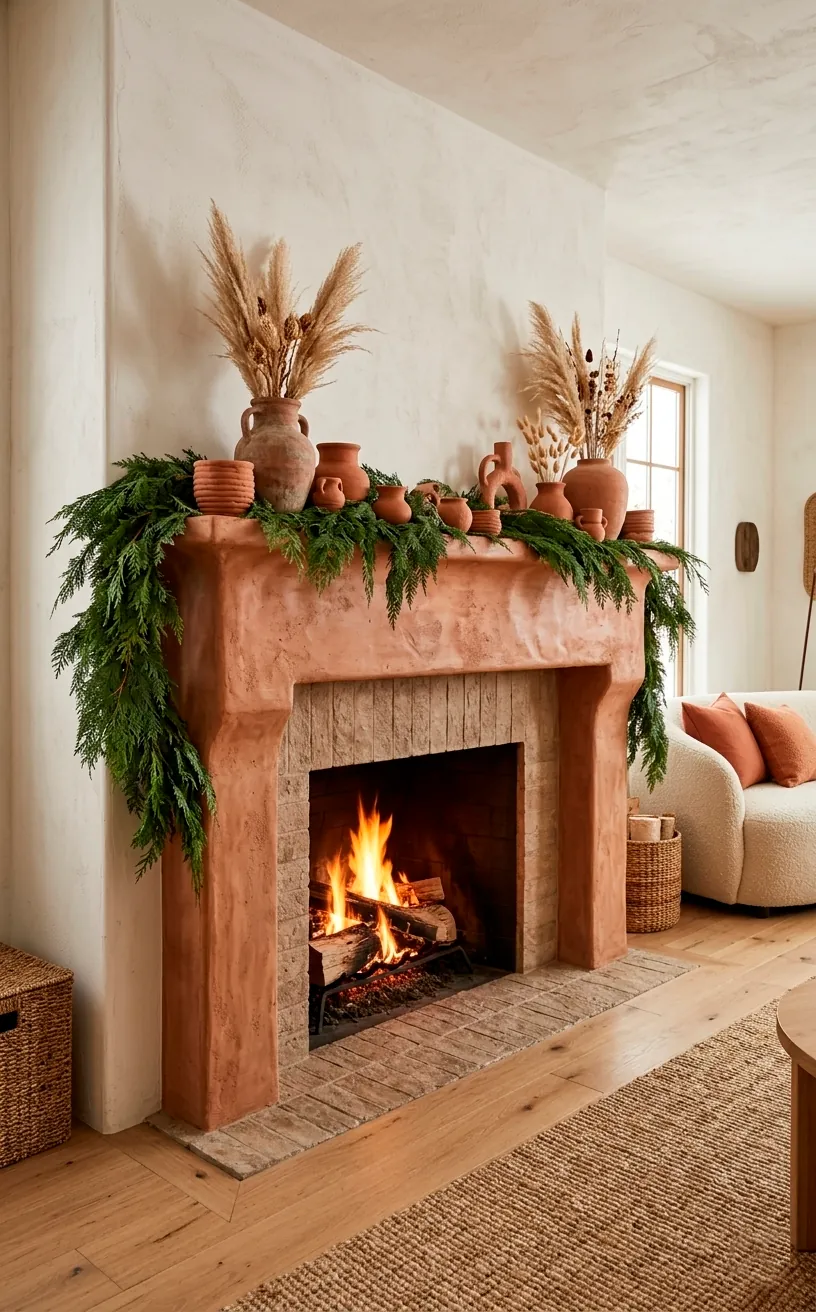 Grand Christmas mantel display with terracotta pots and lush greenery.