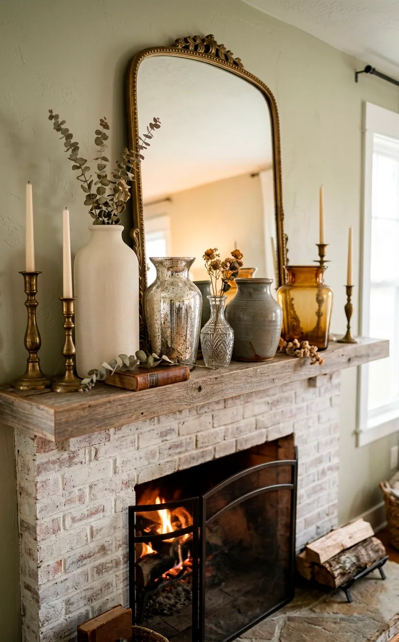 Collection of DIY vintage vases styled on a fireplace mantel with brass accents.