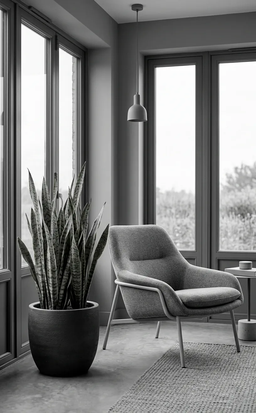 Snake plant in a dark grey pot in a modern monochromatic grey sunroom.