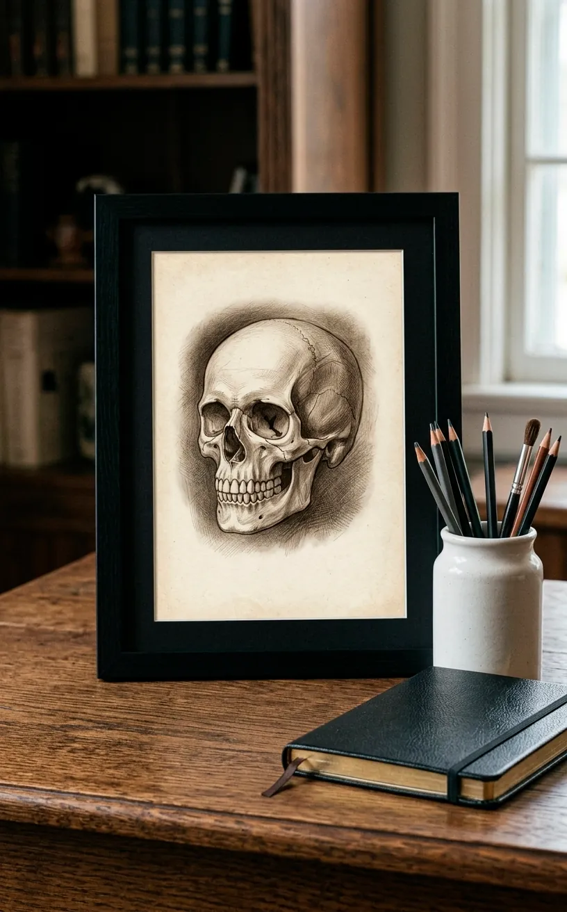 Anatomical skull sketch in a black frame on a minimalist desk with office accessories