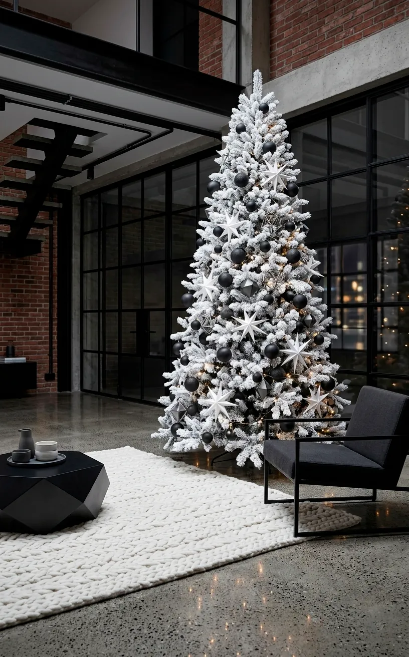 Modern monochrome Christmas tree with black ornaments on white flocking in a loft.