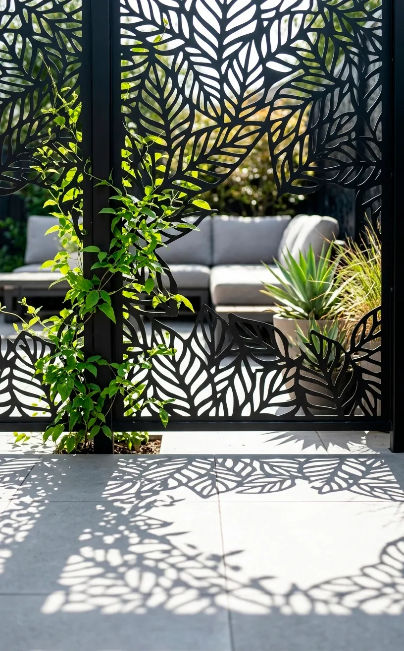 Laser-cut metal privacy screen with leaf patterns and sun shadows.