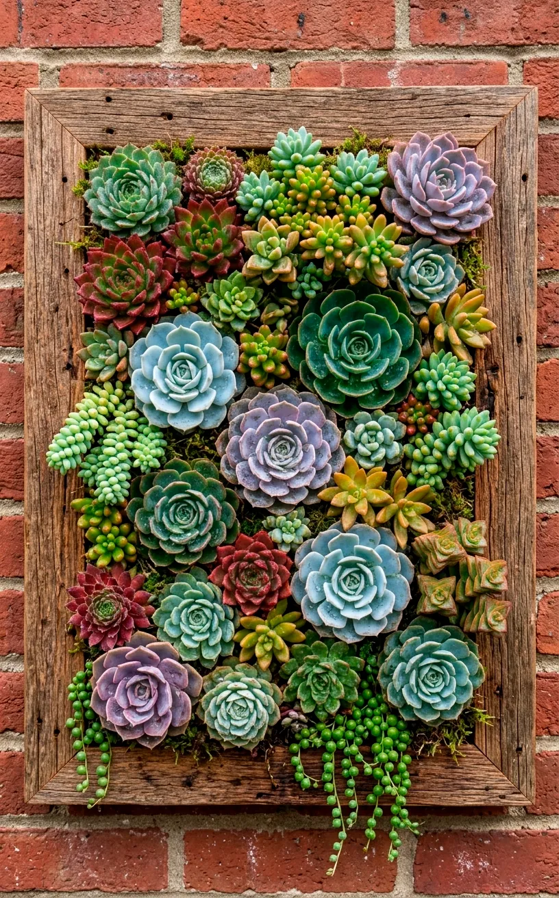 Live succulent vertical garden in a rustic wooden frame on a red brick wall.