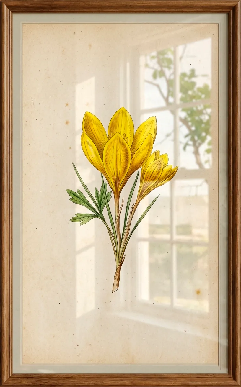Close-up of a mustard yellow botanical print in a black frame with window reflections.