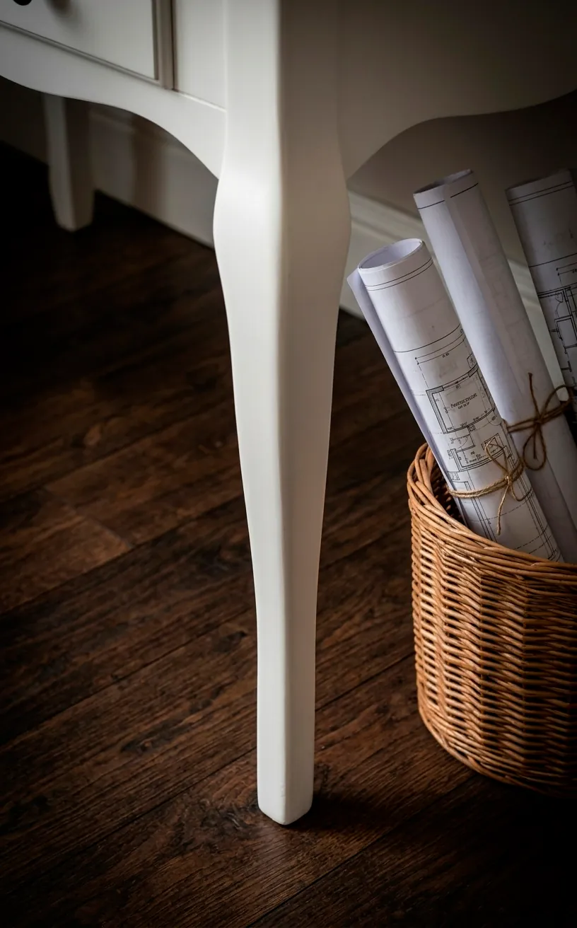 Close-up of a white cabriole desk leg on a dark hardwood floor.