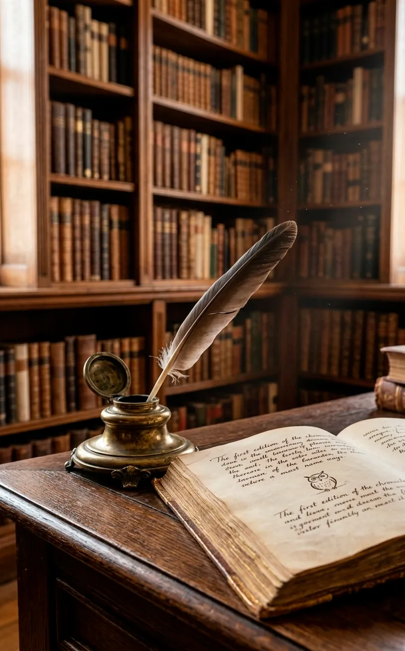 Antique brass inkwell and quill on a library desk.