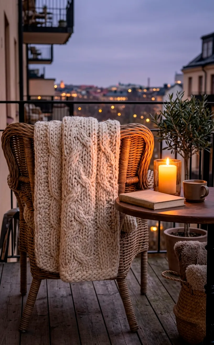 A chunky cream knit throw blanket draped over a balcony chair for a cozy evening vibe.