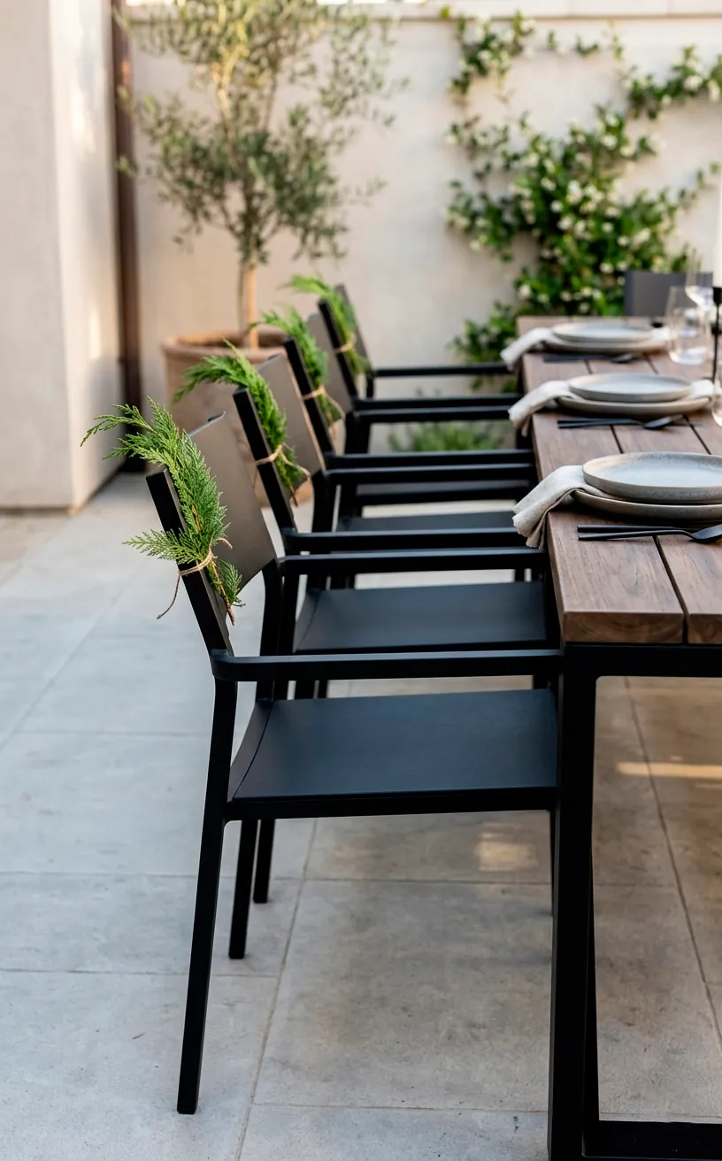 Fresh cypress sprigs draped over the backs of black outdoor chairs.