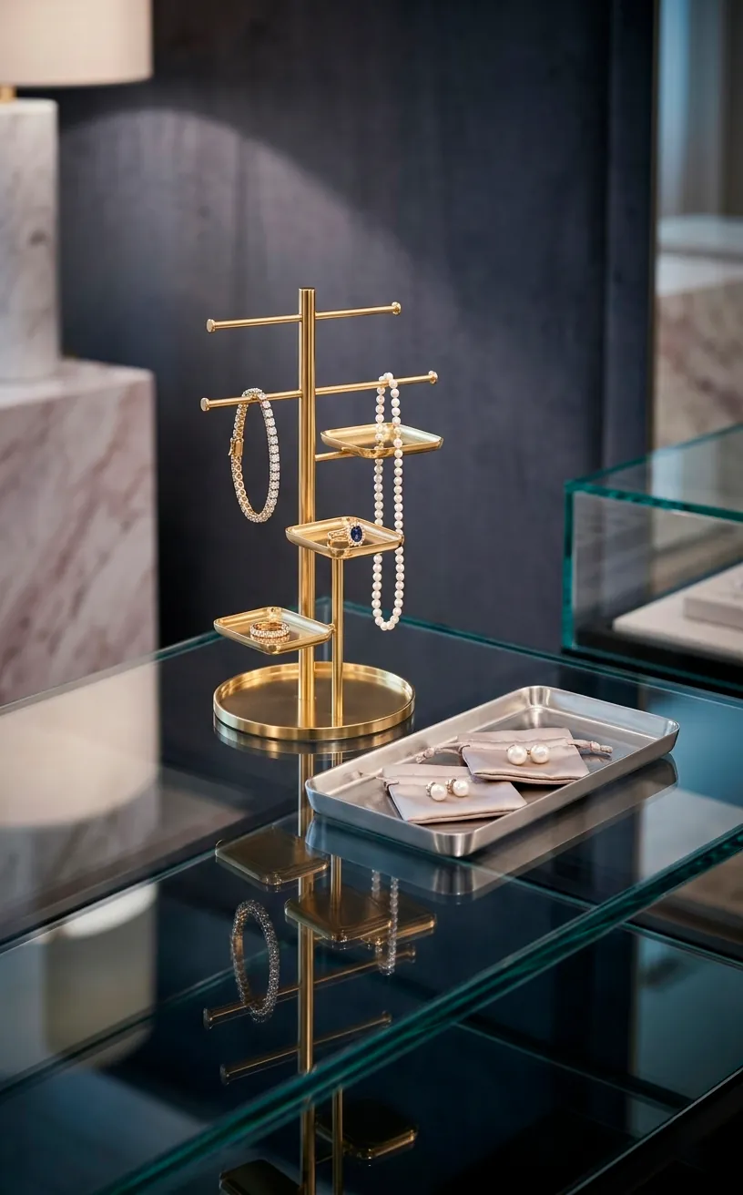 Gold jewelry stand and silver tray on a glass shelf.