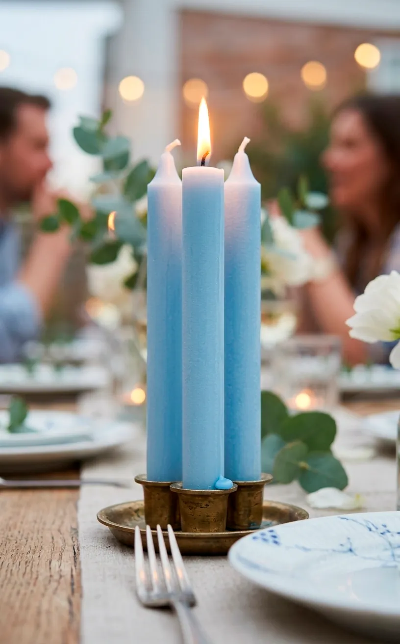 Lit pastel blue taper candle in a brass holder with a warm flame.