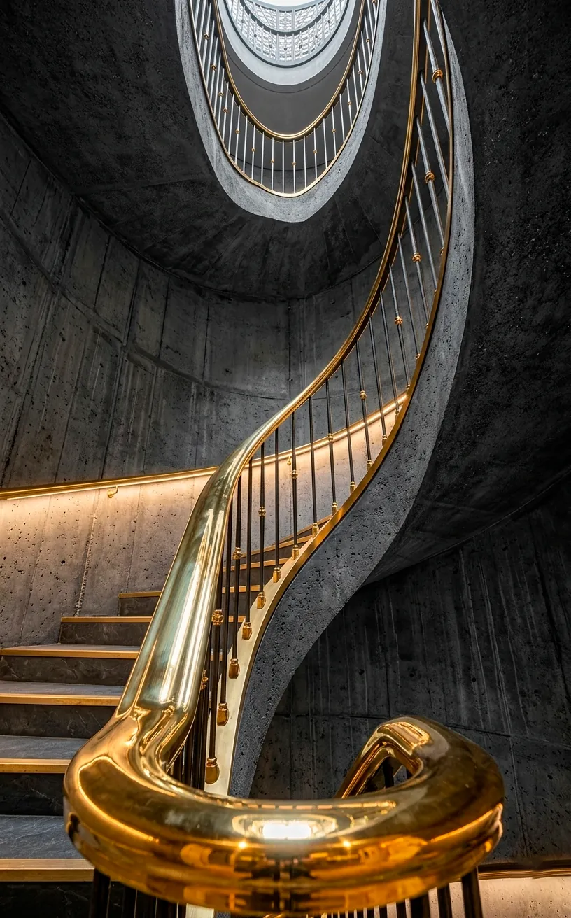 Polished gold handrail against a charcoal staircase wall.