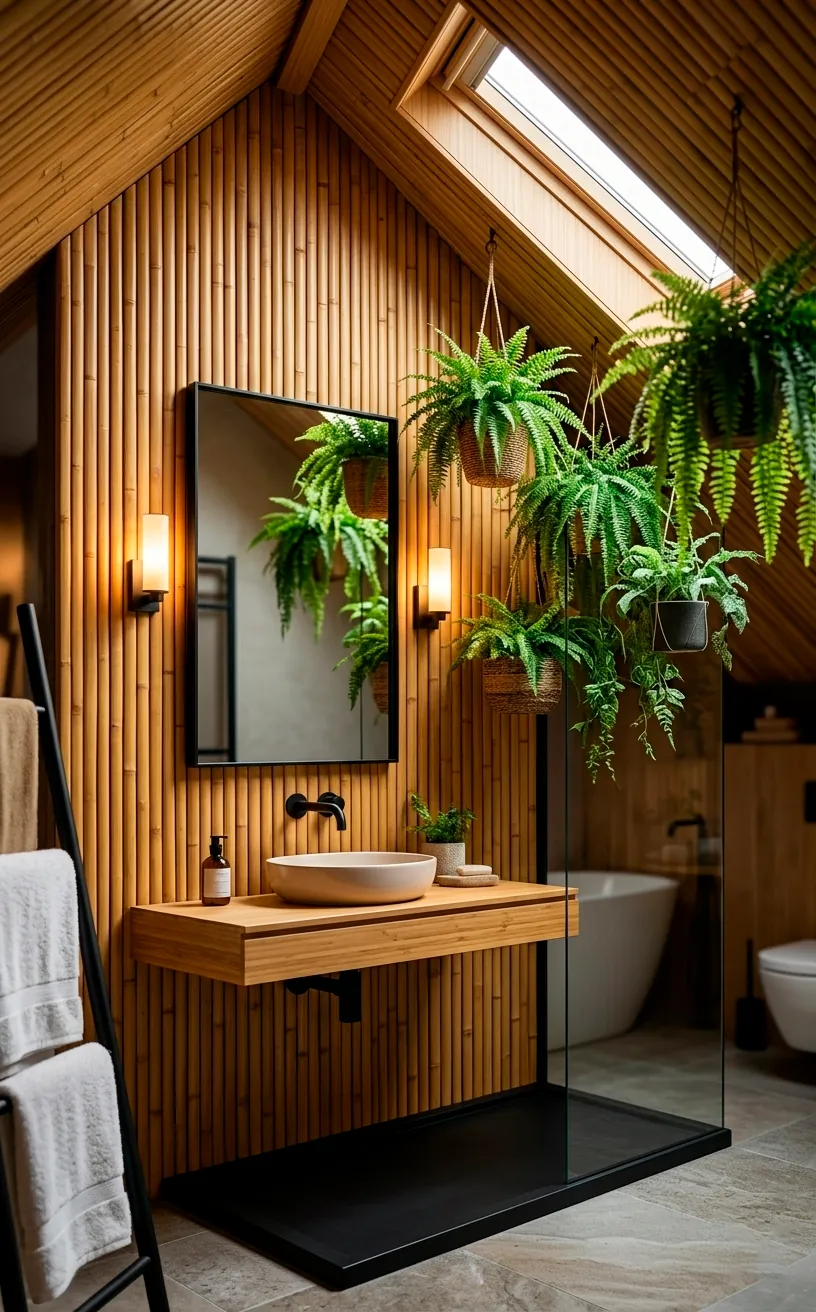 Vertical bamboo slat accent wall in an attic bathroom with a black mirror and hanging green ferns.