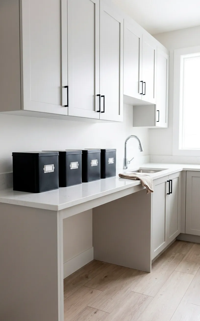Modern matte black metal storage bins with label holders on a white countertop.