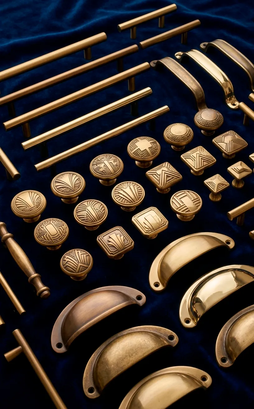 Selection of Art Deco style brass cabinet pulls and knobs on dark velvet.