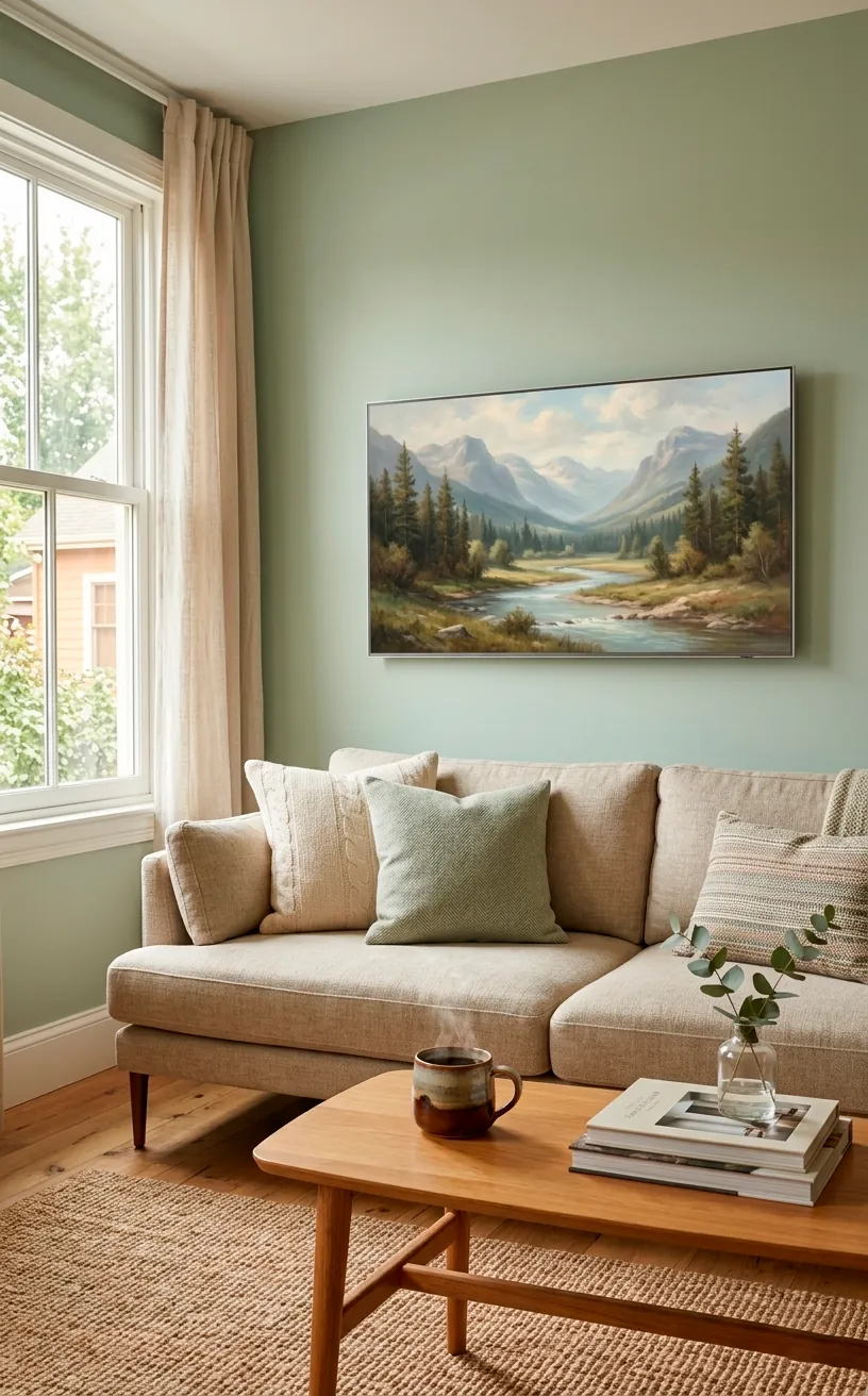 Ergonomically placed TV at eye level in a cozy living room with a linen sofa and sage green walls.