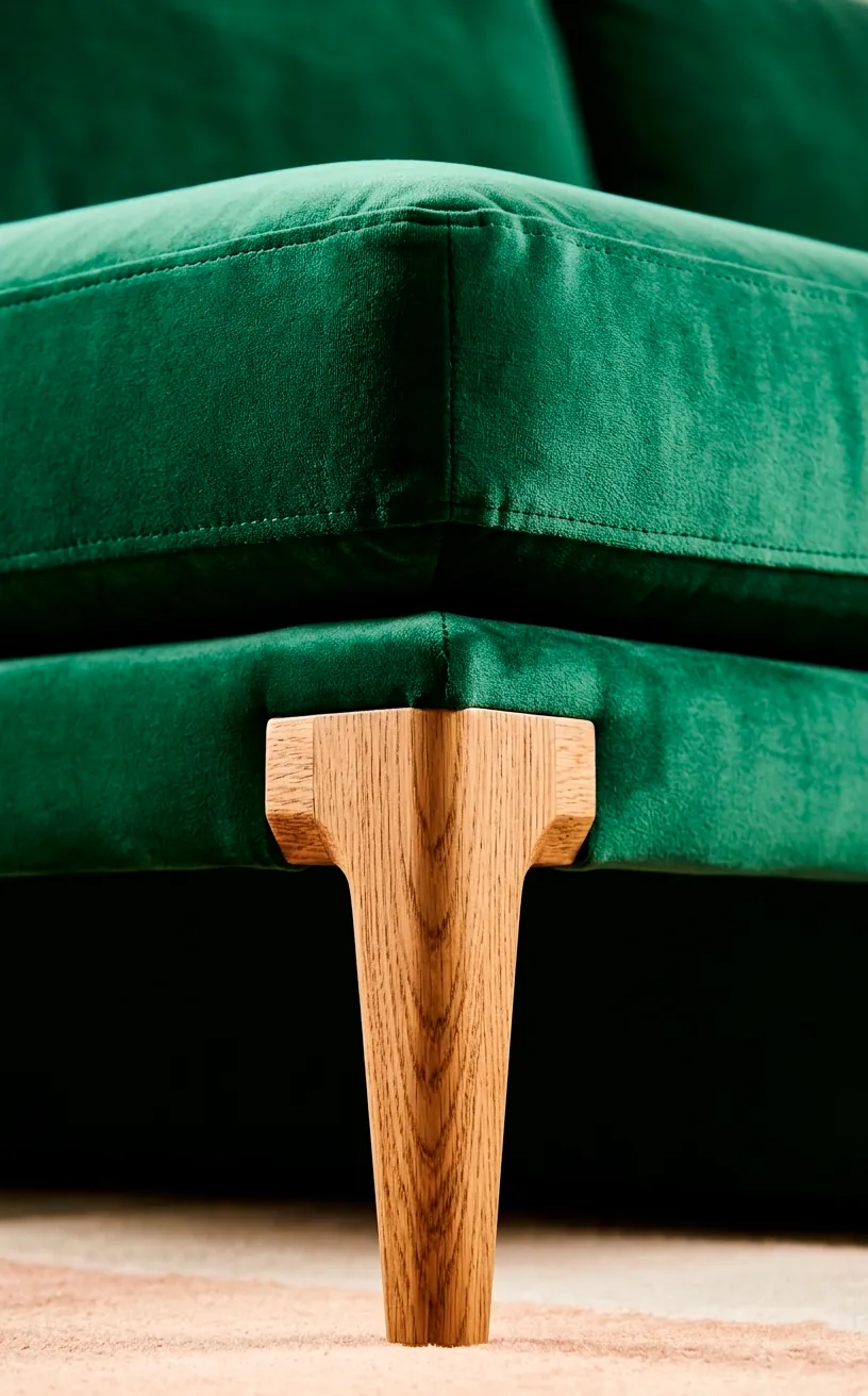 Detail of tapered oak legs on an emerald green velvet sofa in a sun-drenched room.