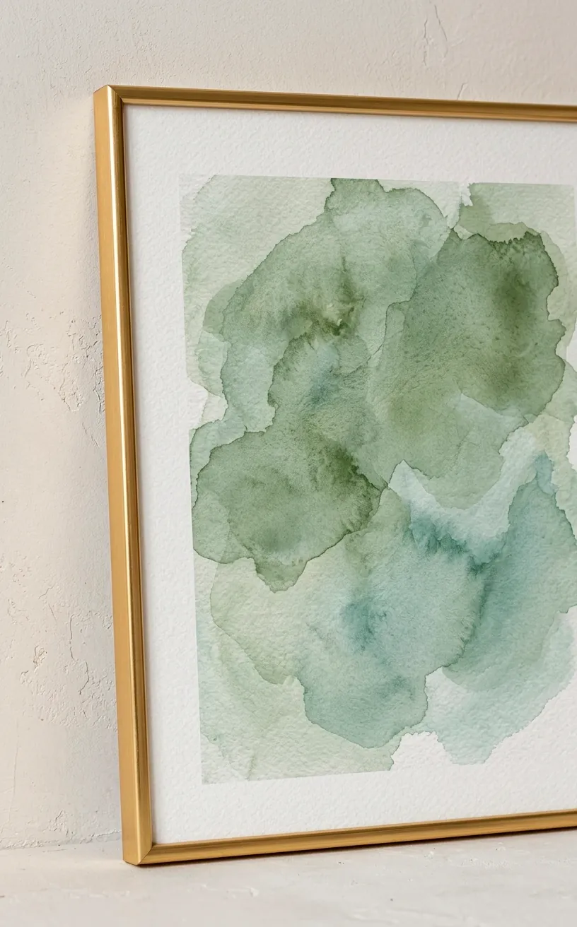 Close-up of sage green abstract watercolor art in a minimalist gold frame.
