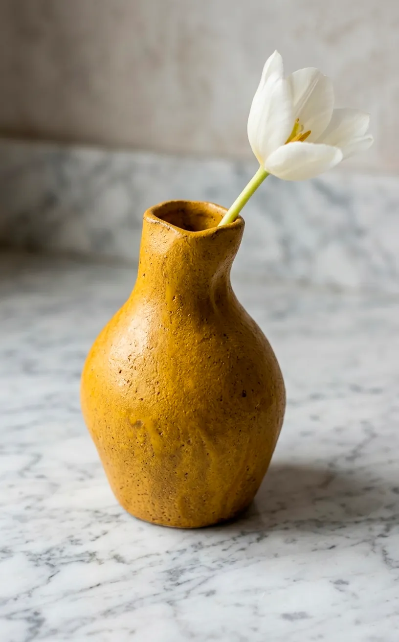 Artisanal mustard yellow ceramic vase on marble surface with a single white spring flower.