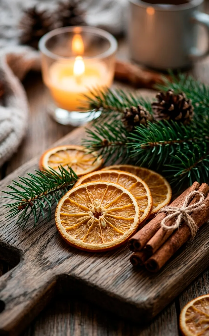 Detail shot of dried oranges and cinnamon sticks for holiday table decor.