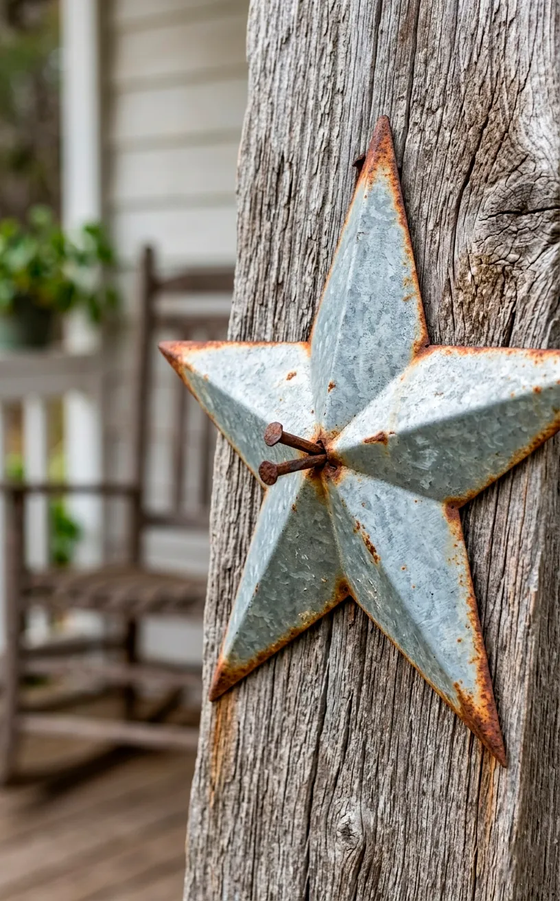 Detail of a rusted metal star and weathered wood on a rustic door wreath.