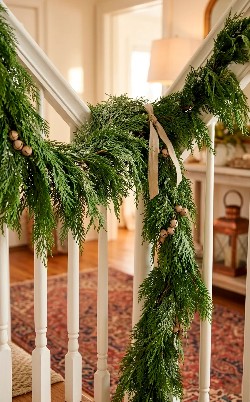 Real cedar garland draped over a white staircase banister in a winter home.