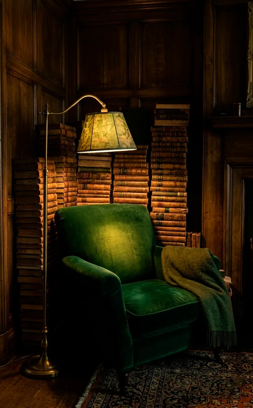 Forest green velvet armchair in a moody dark cottagecore library corner.