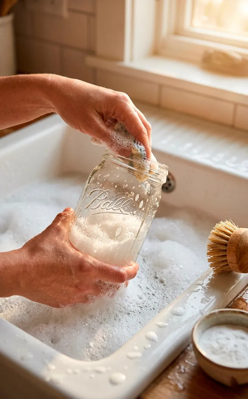 Hands cleaning a glass jar in a soapy farmhouse sink for a DIY vase project.