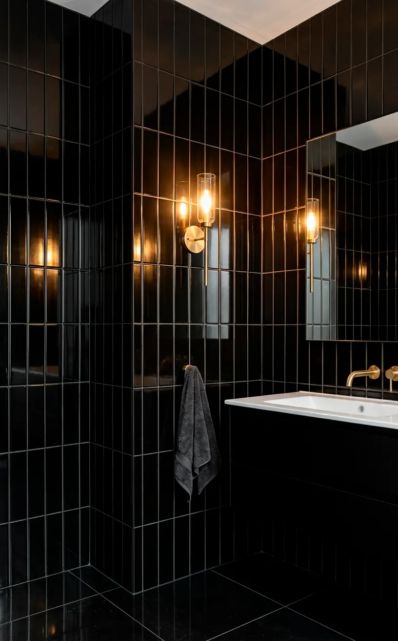 High-gloss black subway tiles in a modern powder room with brass lighting.