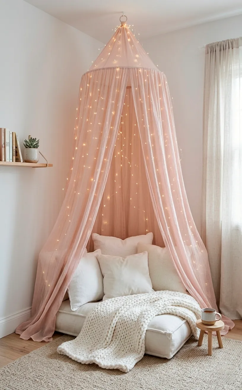 Blush pink sheer canopy reading nook with fairy lights and plush pillows in a cozy corner.