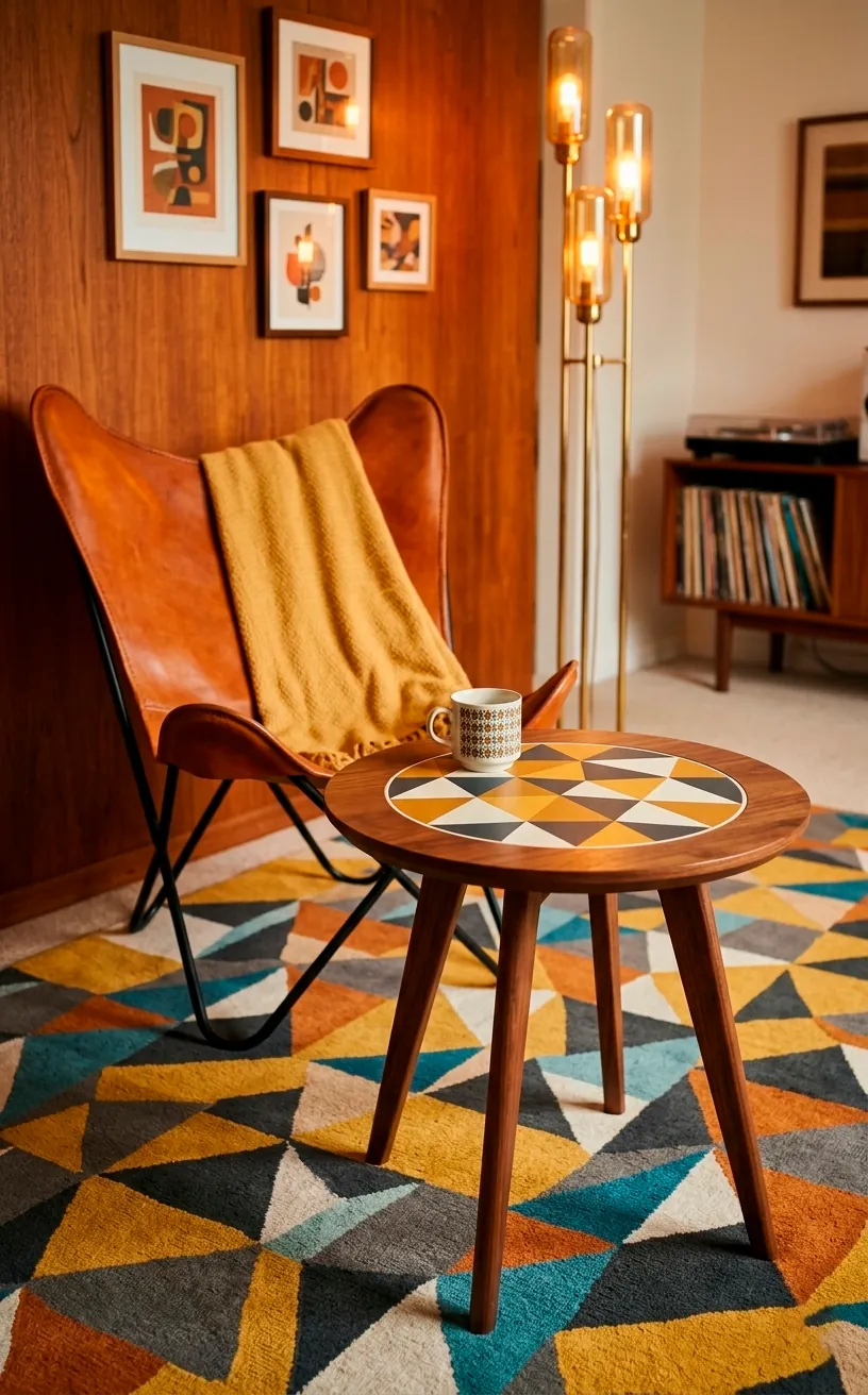 Mid-century modern side table with mustard and charcoal triangle patterns in a retro-styled room.