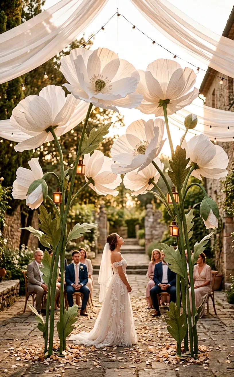 Gigantic hand-sculpted white paper flowers acting as a structural wedding backdrop.