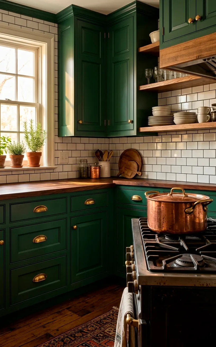Traditional hunter green kitchen featuring unlacquered brass hardware and white subway tiles.