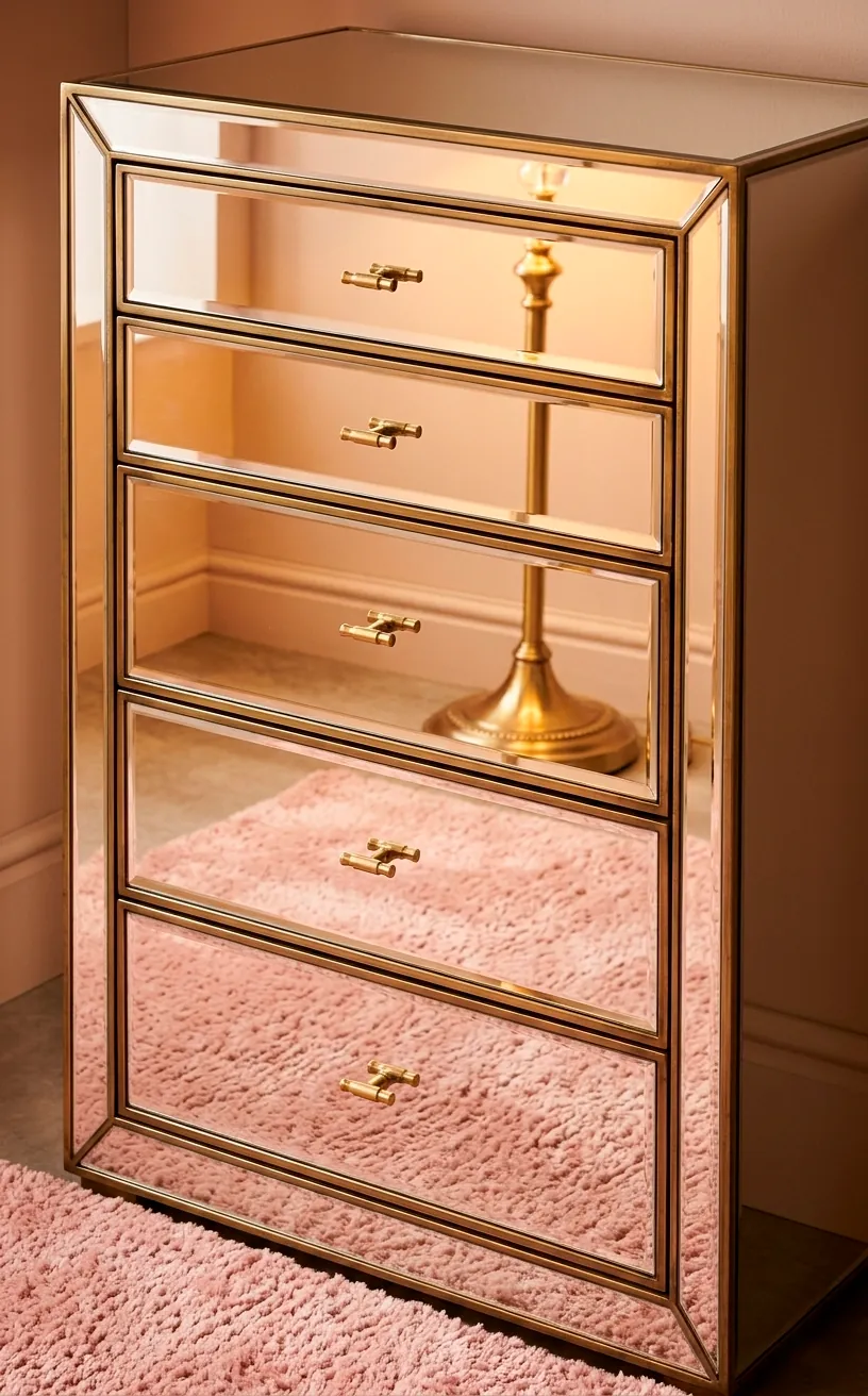 Mirrored dresser reflecting soft interior colors and gold lighting.