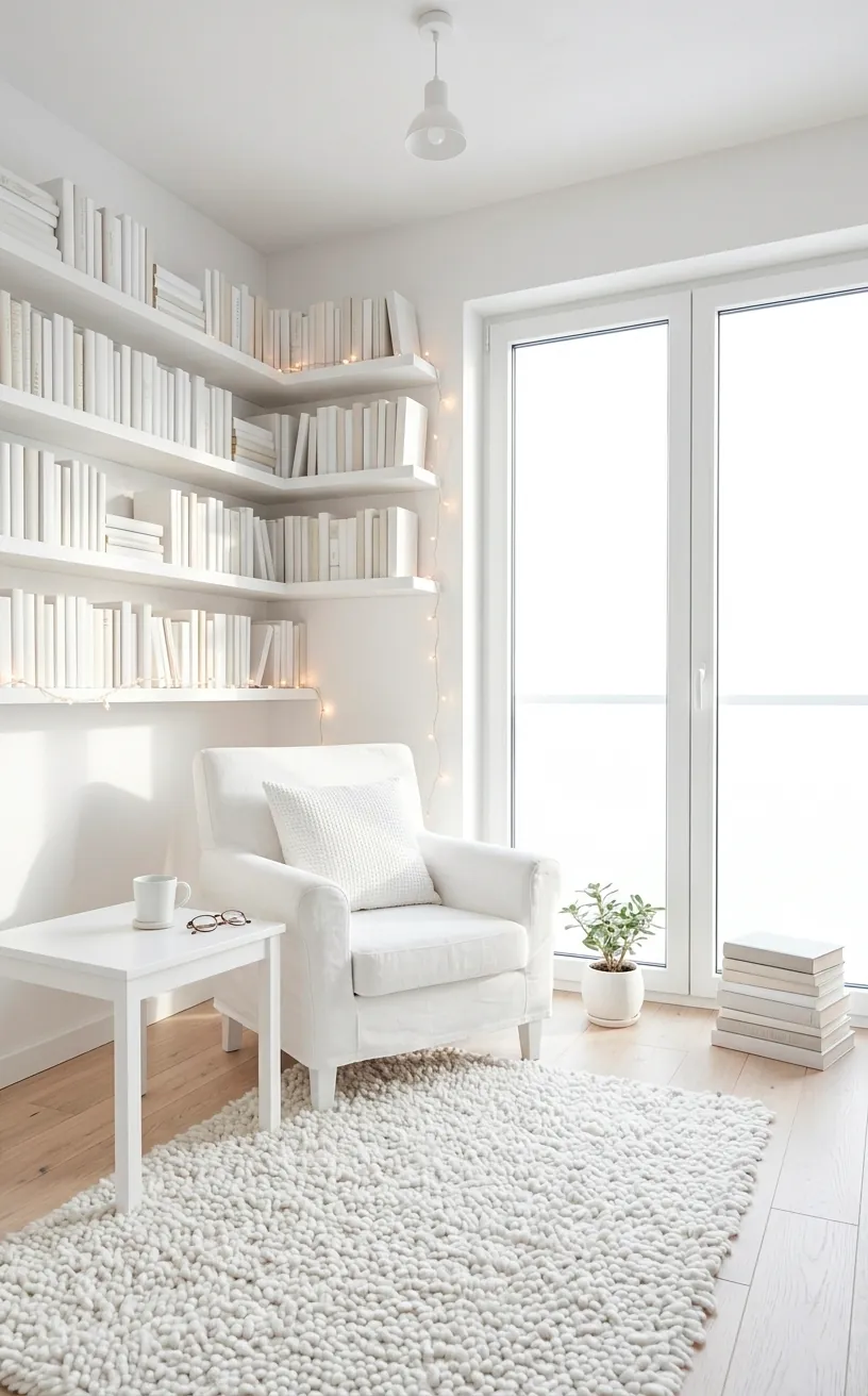 All-white minimalist reading nook with linen chair and bright natural sunlight.