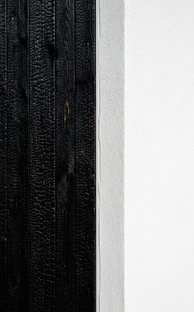Contrast between black charred wood and white exterior wall.