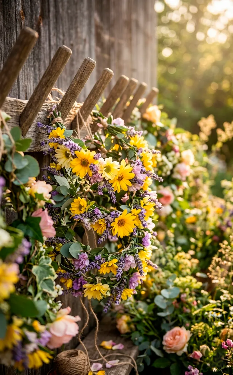 Handmade floral crowns with daisies and lavender hanging on a garden wall.