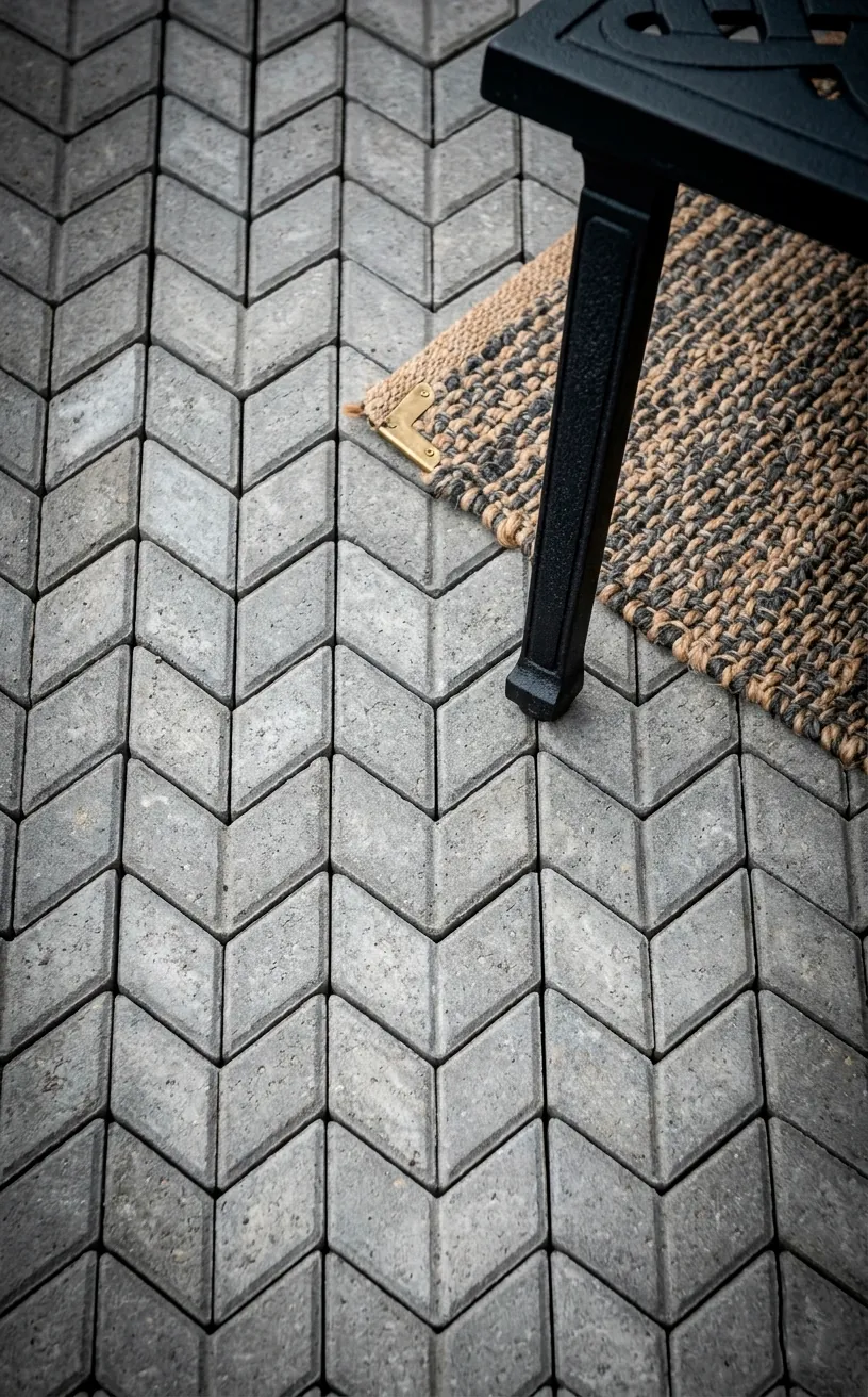 Close-up of painted chevron pattern on a concrete patio floor.