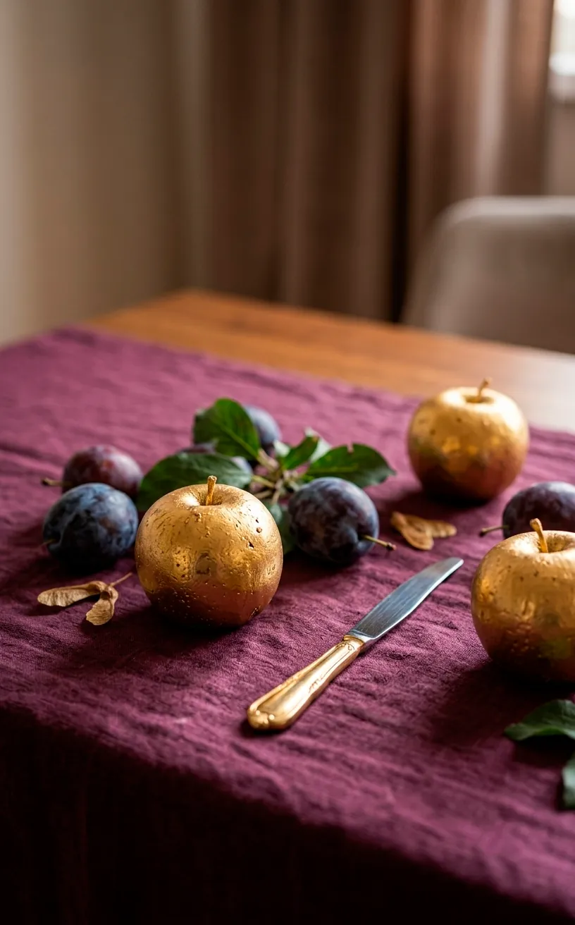 Gilded apples and dark plums scattered on a plum linen tablecloth.