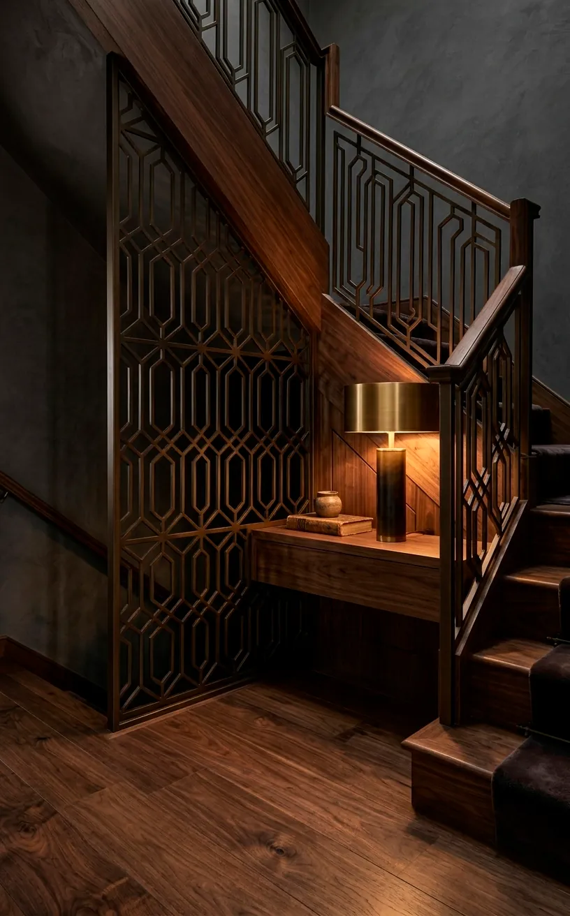 Dark walnut staircase landing with a custom hexagonal geometric iron screen.