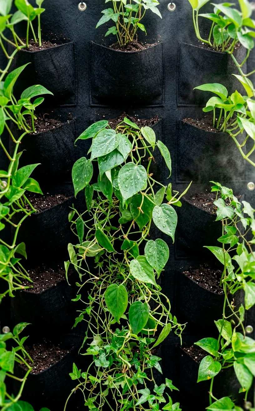Close-up of a vertical garden system with cascading green vines and realistic plant pockets.