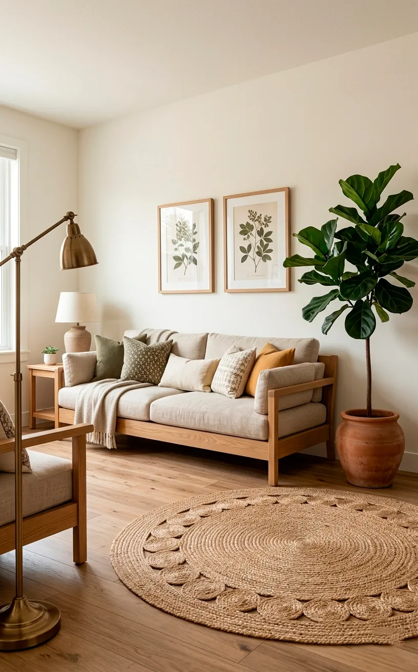 Warm creamy white living room with rattan accents and oak furniture.