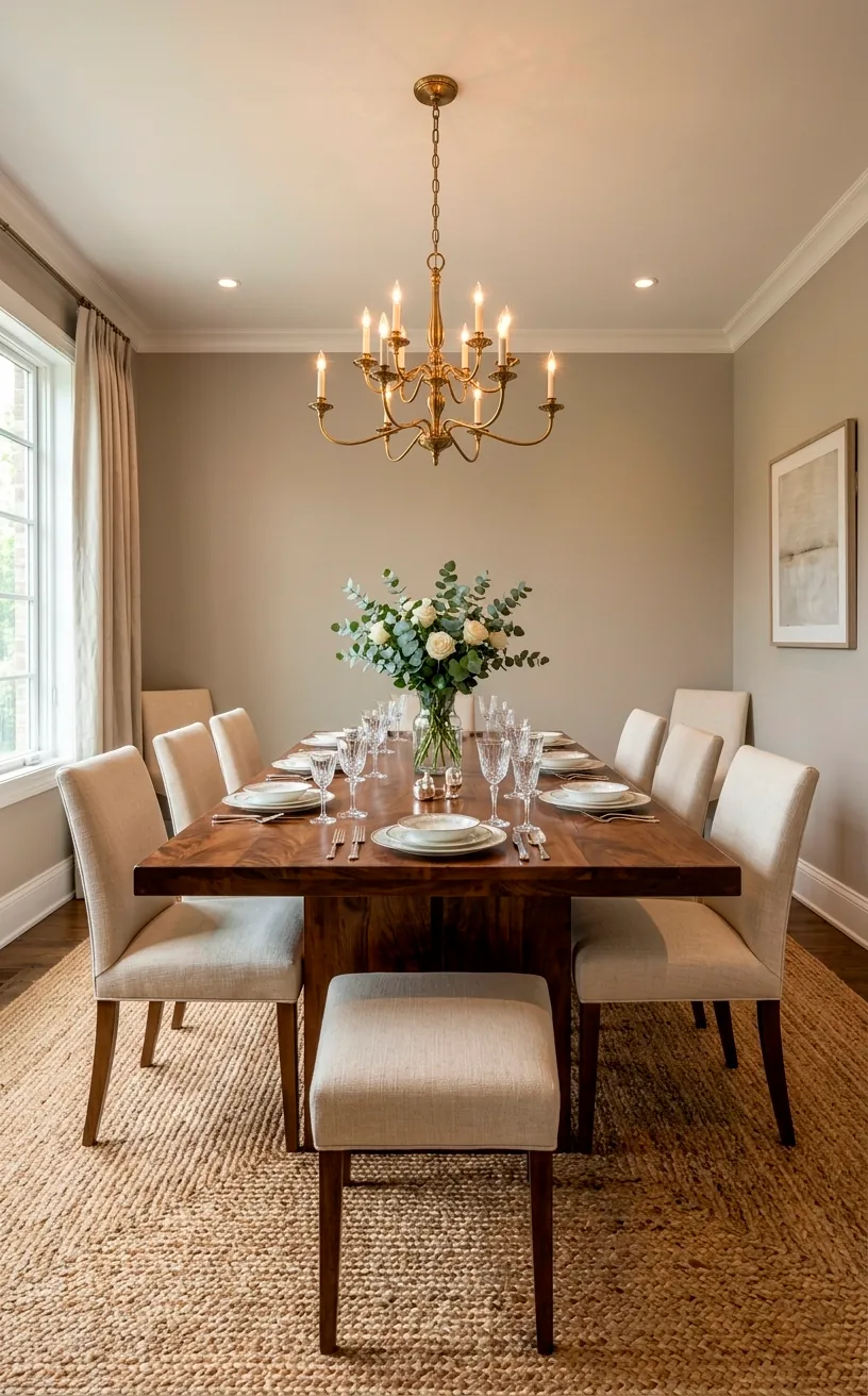 A sophisticated dining room with Revere Pewter greige walls and dark wood furniture.