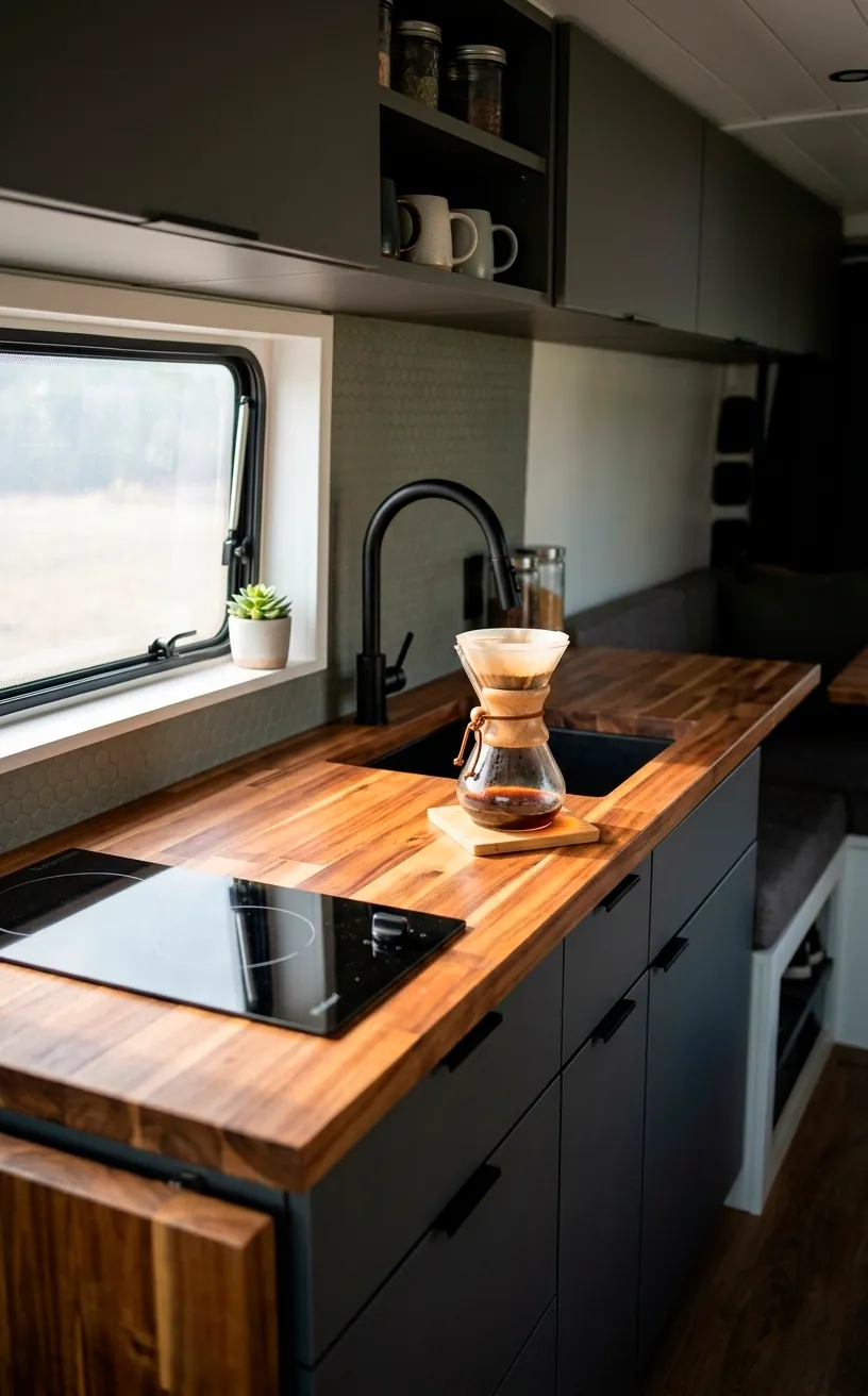 Camper van kitchen with a thick butcher block countertop and black undermount sink.