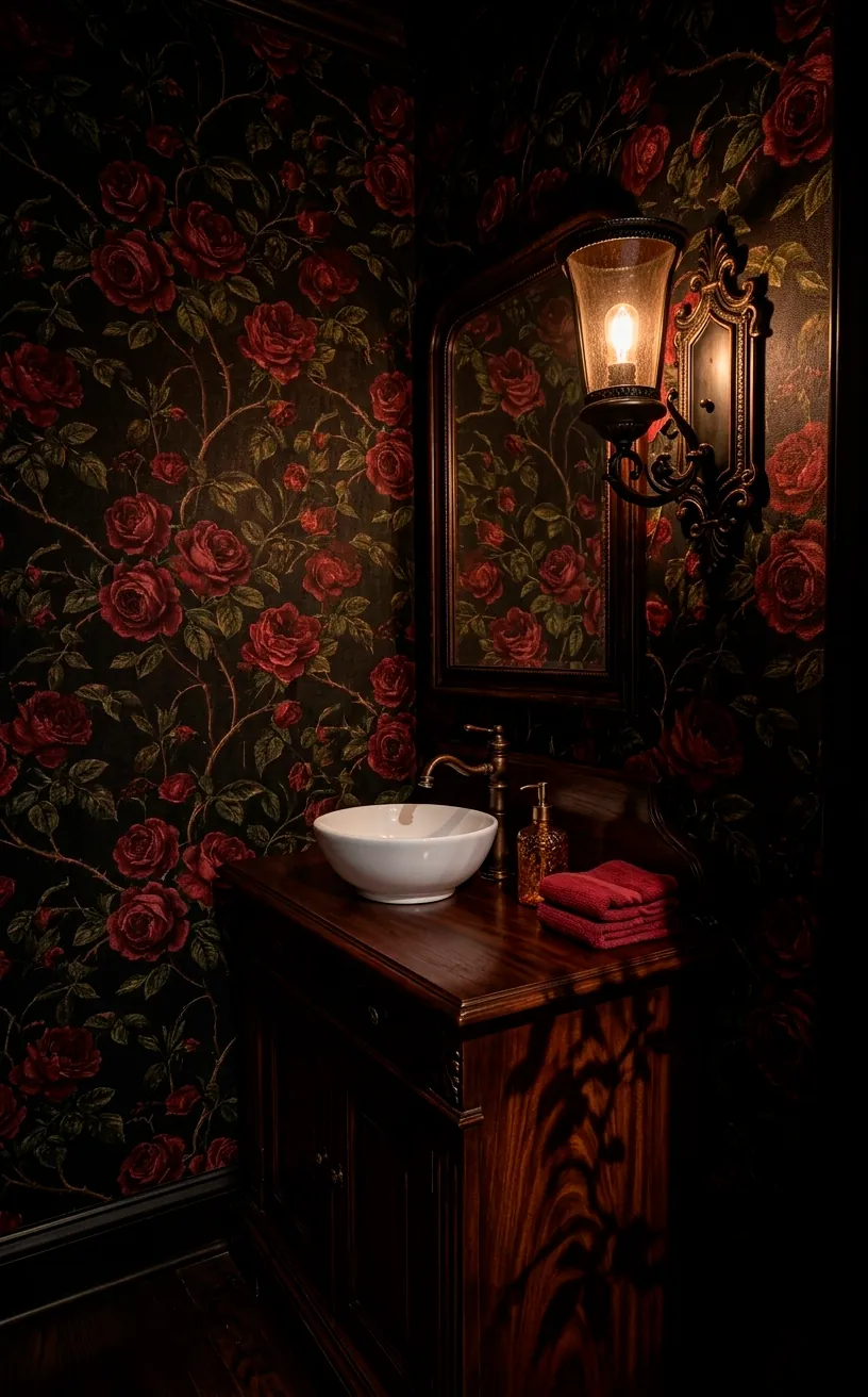 Gothic powder room with black and crimson rose wallpaper and a dark wood vanity.