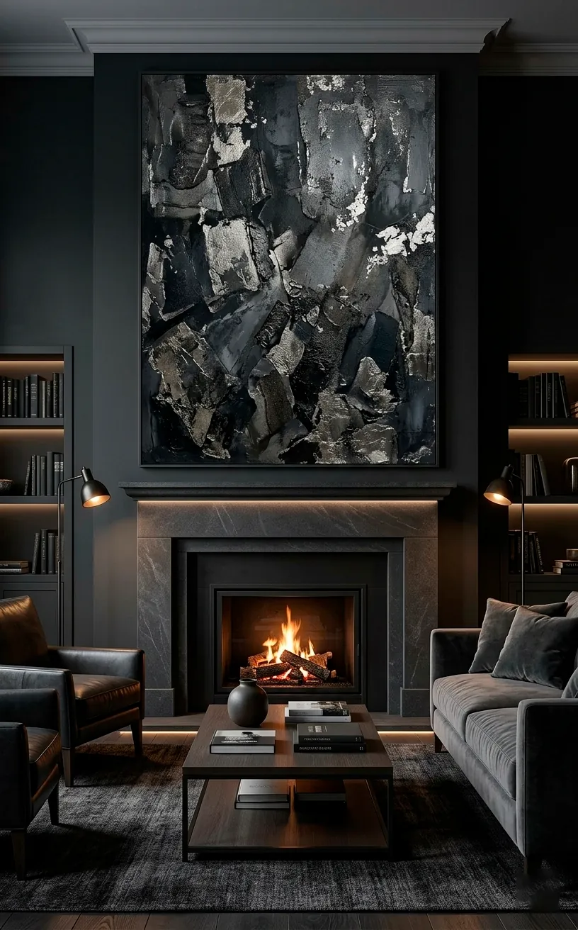 Oversized charcoal and silver abstract painting on a dark fireplace wall.