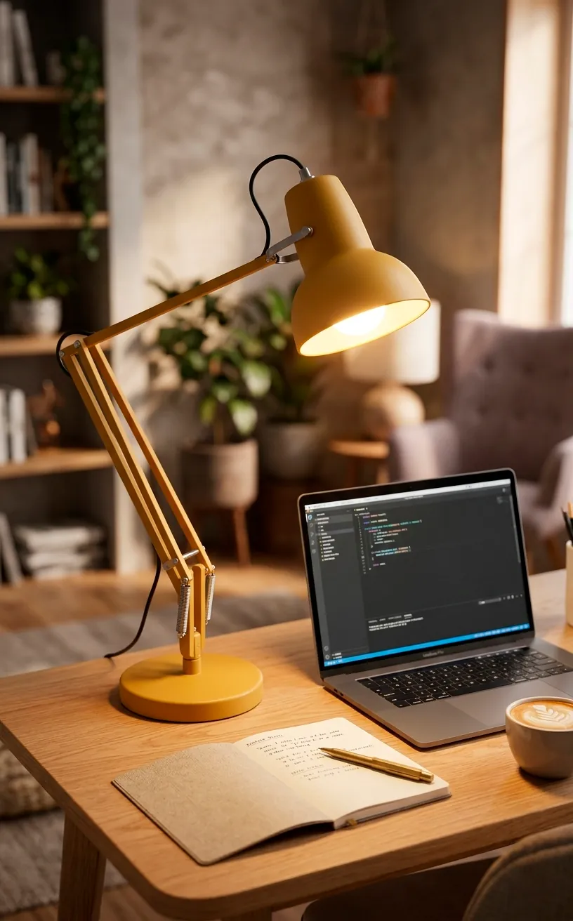 Matte mustard yellow desk lamp illuminating a modern home workspace.