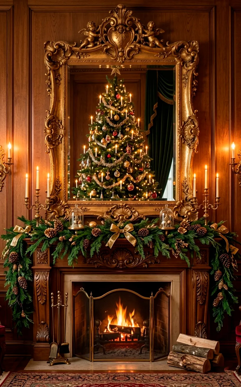 Ornate gold mirror reflecting a Christmas tree above a Victorian mantel.