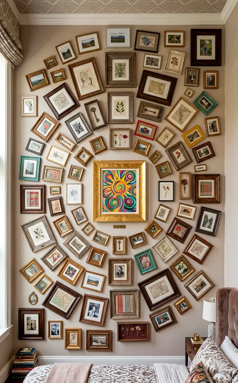 Organic spiral gallery wall layout spreading across a bedroom wall with colorful art.