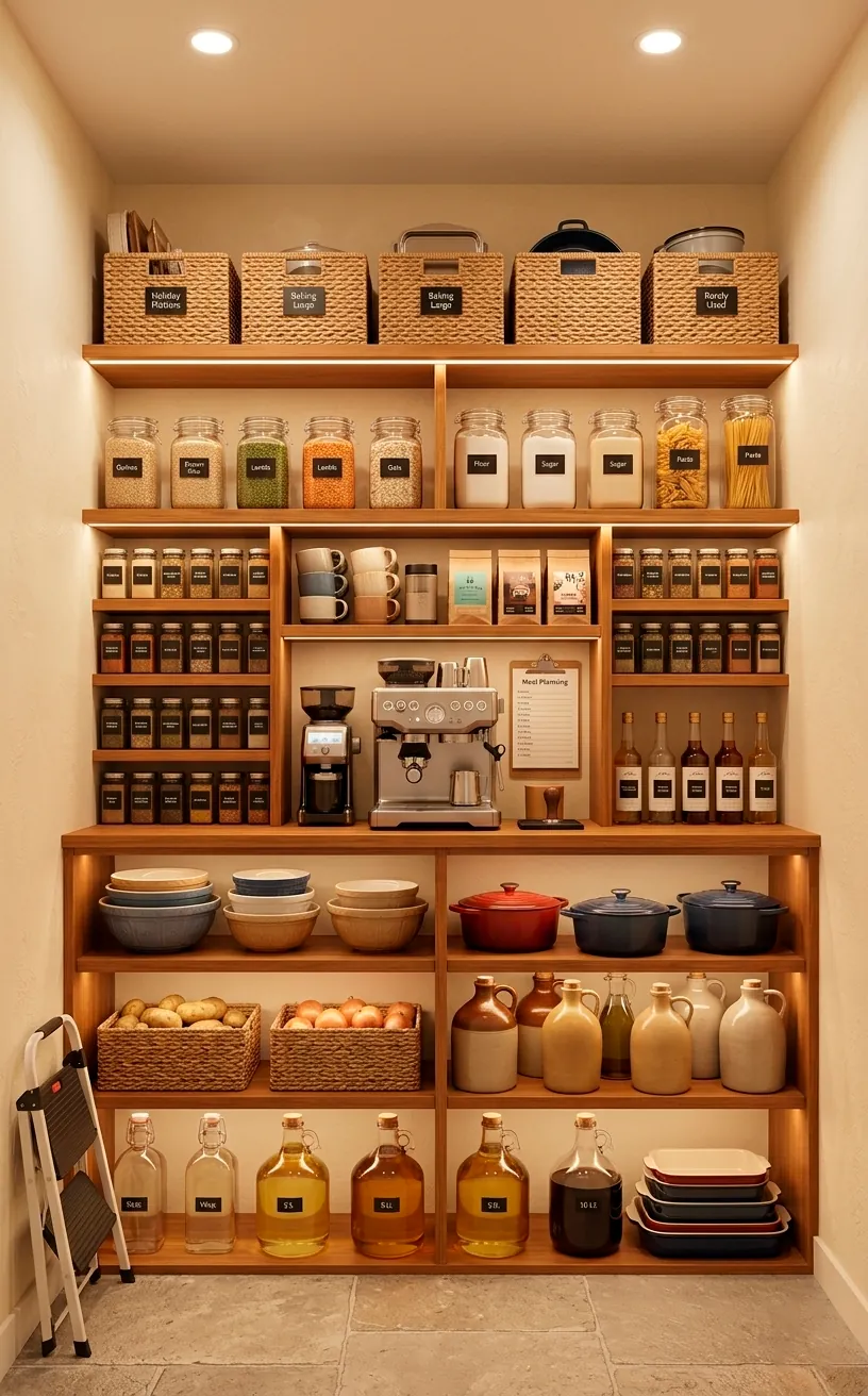 Organized farmhouse pantry with specific zones for coffee, snacks, and heavy items.