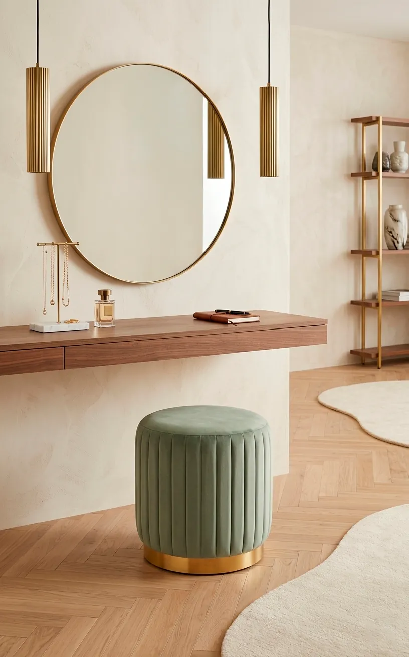 Sage green velvet vanity stool with gold legs in a bright dressing room.